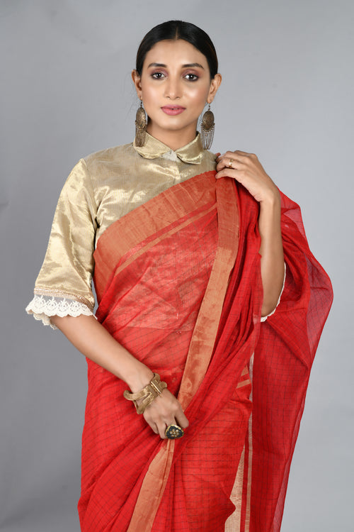 Red handwoven checkered sari