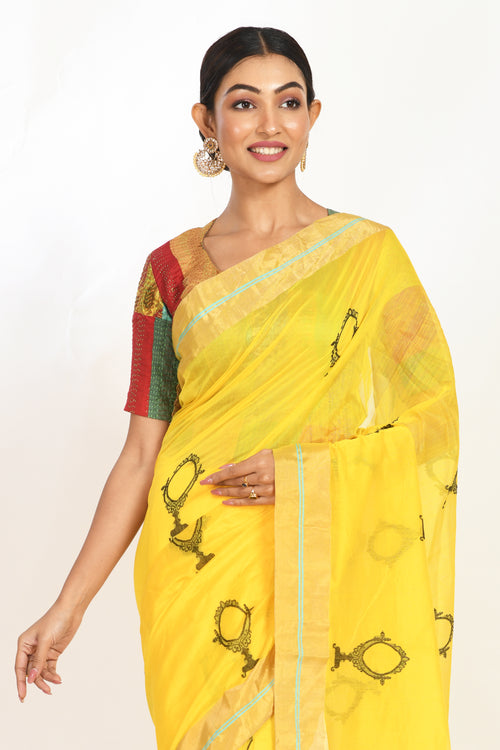 Yellow handloom cotton sari with sheesha motif