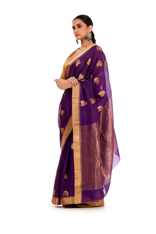 Wine color silk sari with pomegranate motif