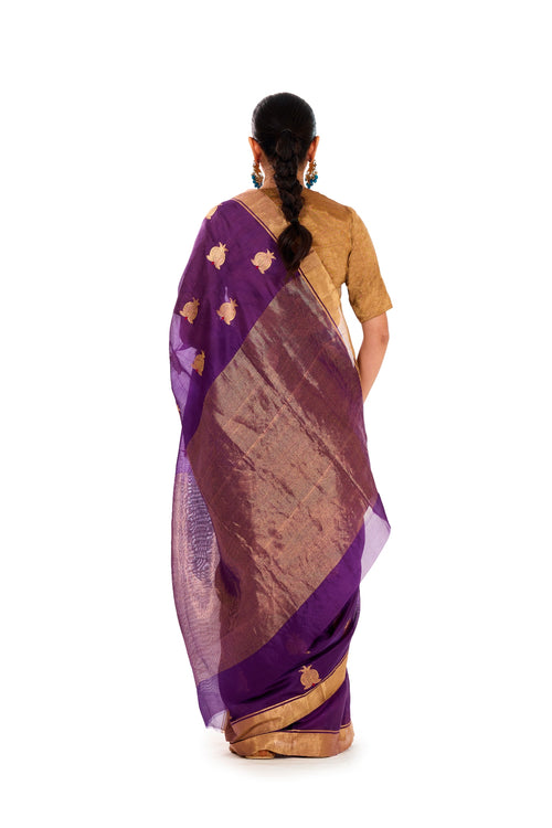 Wine color silk sari with pomegranate motif