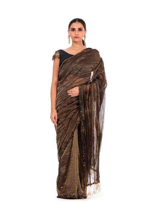 Gold black crushed tissue sari