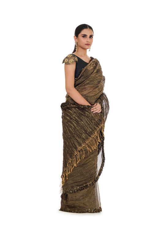 Gold black crushed tissue sari