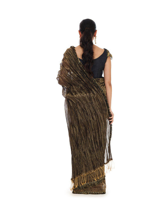 Gold black crushed tissue sari
