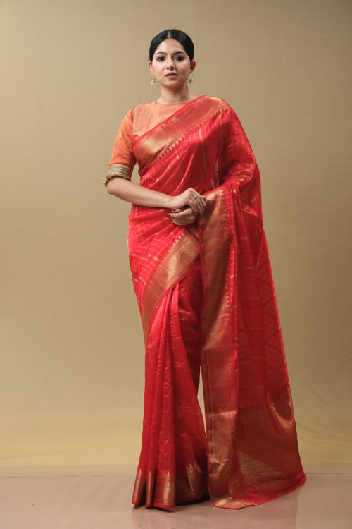 Red Silk Sari With Golden Zari Lines