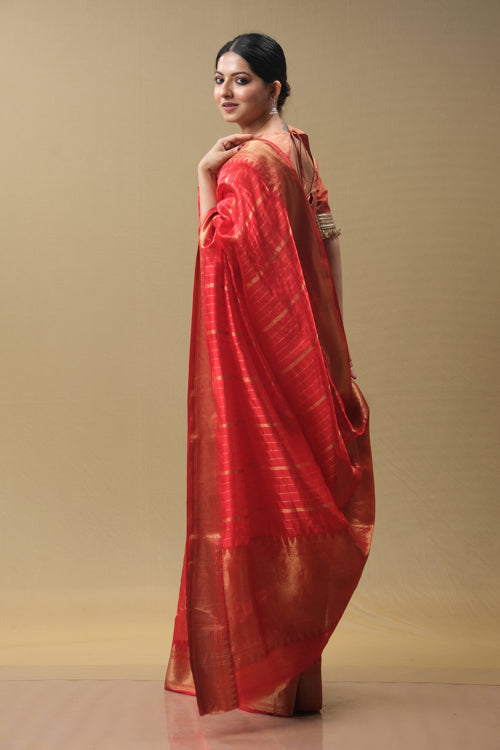 Red Silk Sari With Golden Zari Lines