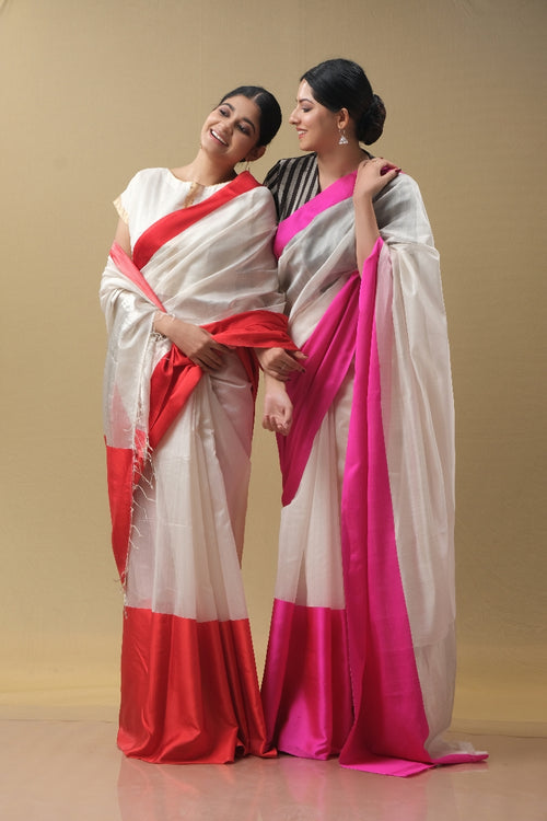 Offwhite handwoven Cotton Silk Sari with Red Broad Border