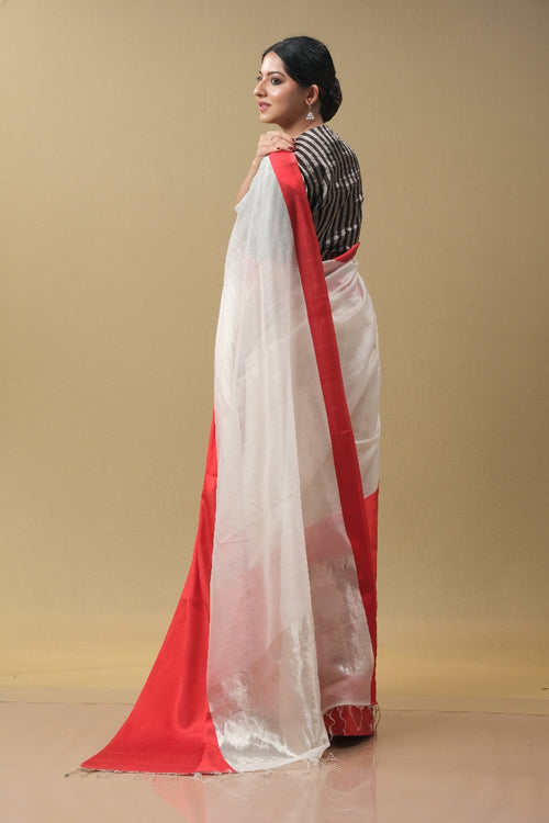 Offwhite handwoven Cotton Silk Sari with Red Broad Border
