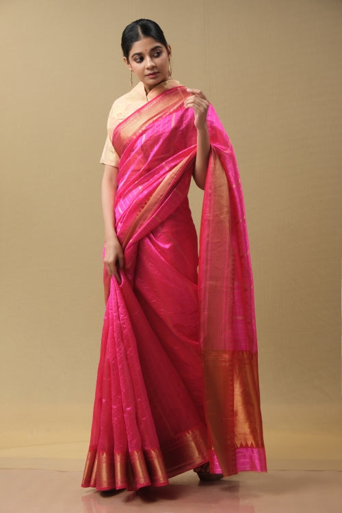 Rani Pink Silk Sari With Golden Zari Lines