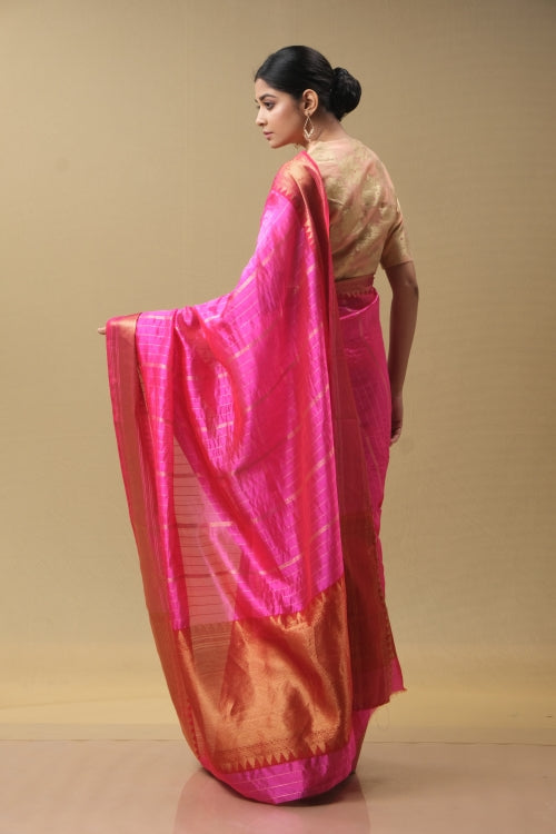 Rani Pink Silk Sari With Golden Zari Lines