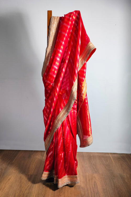 Sari Ki Almari- Red silk sari with golden stripes  all over sari 