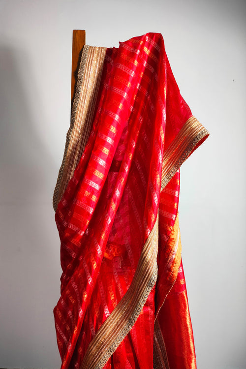 Sari Ki Almari- Red silk with beautiful laced with golden stripes sari 