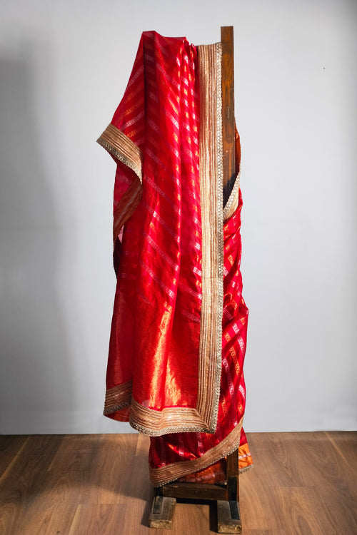 Sari Ki Almari- Red silk with beautiful laced with golden stripes sari 2