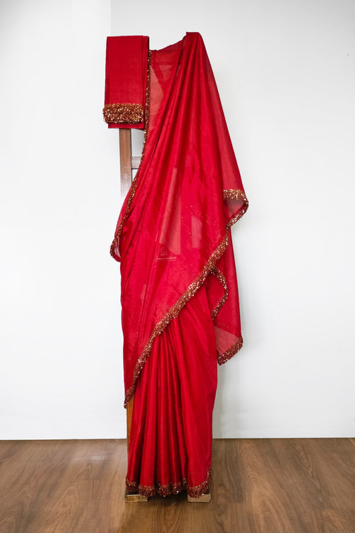 Sari Ki Almari- Red tissue silk sari with golden phuljhari