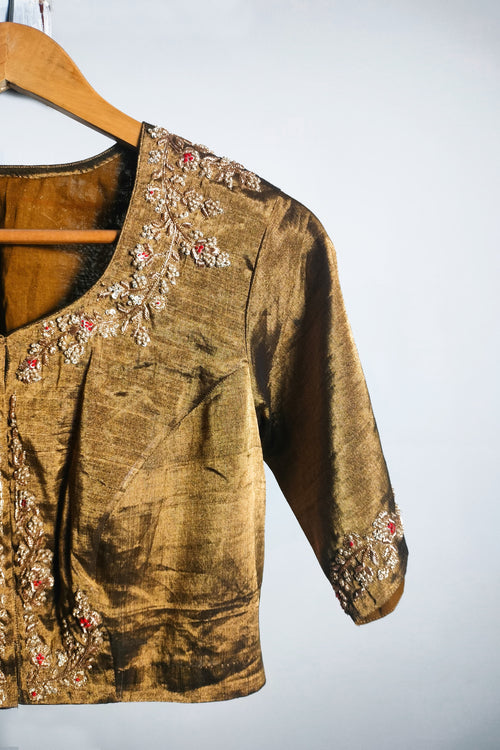 Sari Ki Almari- Tissue silk blouse with beautiful hand embroidery for wedding 