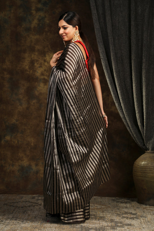 Sarikialmari- Handloom tissue with black and silver stripe 3