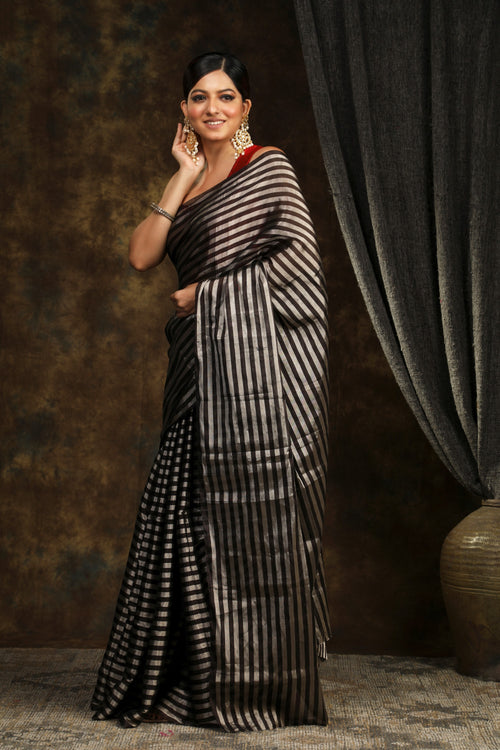 Sarikialmari- Handloom tissue with black and silver stripe 4