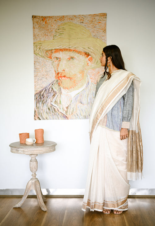 Traditional White Checkered Handwoven Cotton Silk Sari