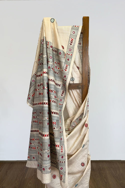 Kantha stitch tussar sari