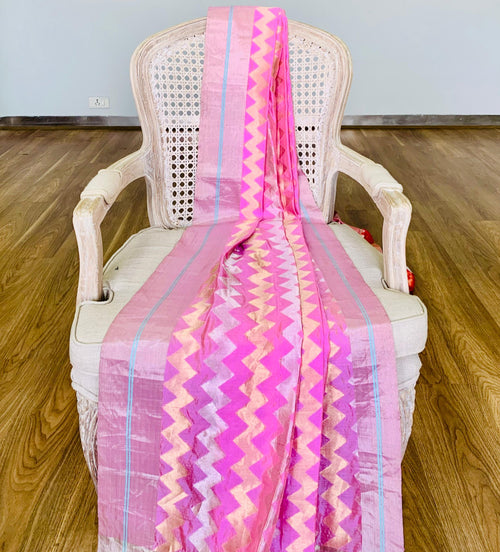 Pink silk sari with chevron design