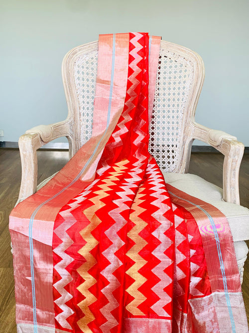 Red silk sari with chevron design
