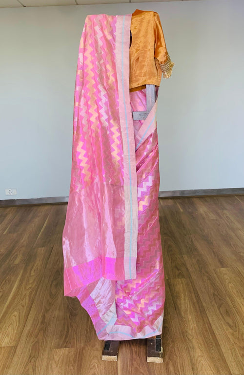 Pink silk sari with chevron design