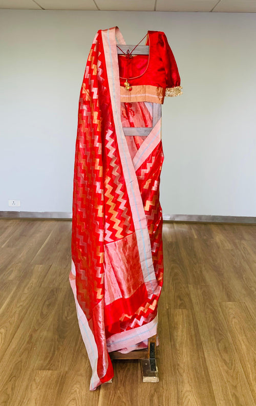 Red silk sari with chevron design