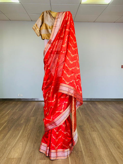 Red handwoven Silk Jaal Sari