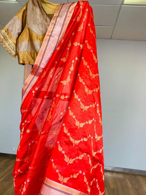 Red handwoven Silk Jaal Sari