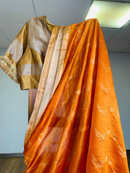 Orange handwoven Silk Sari