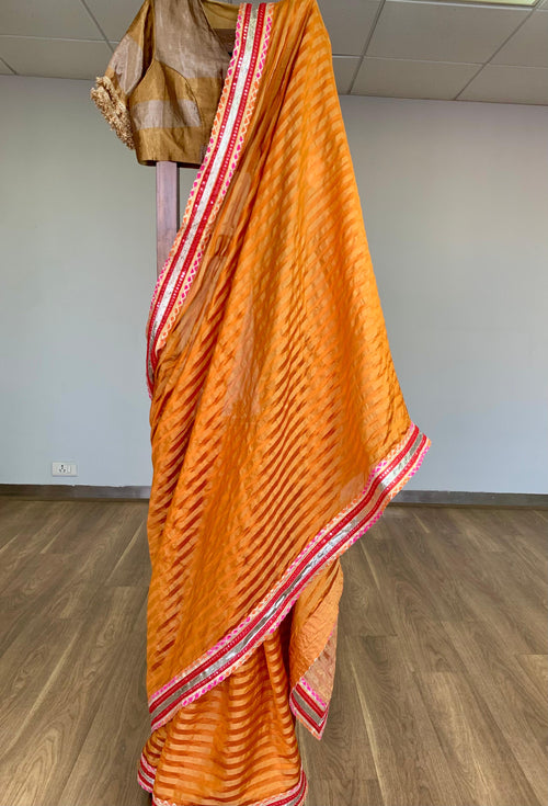 Orange handwoven Silk Festive Sari
