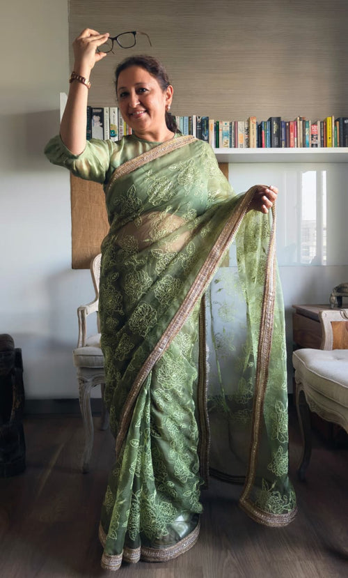 Green organza mehendi sari