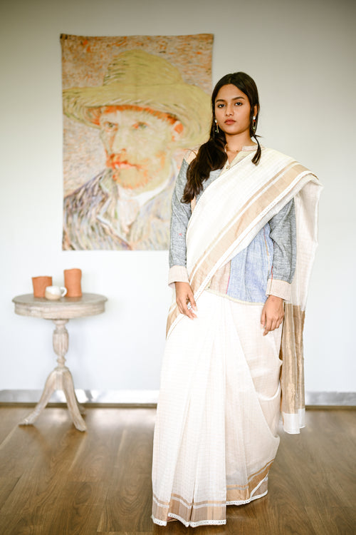 White Checkered Handwoven Cotton Silk Sari
