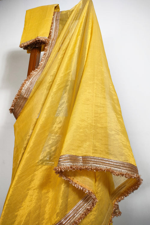 Yellow tissue sari with golden phuljhari 5