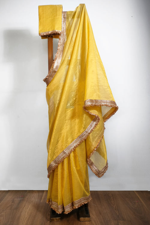 Yellow tissue sari with golden phuljhari 6