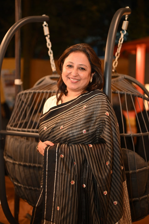 Black stripe silk sari