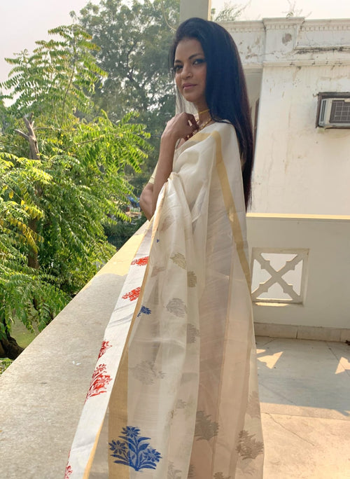 Nayanika Chatterjee in an elegant white handwoven sari