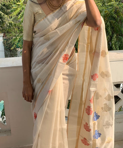 Nayanika Chatterjee in an elegant white handwoven sari