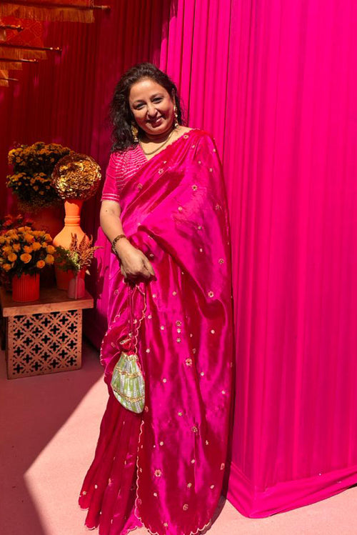 Pink silk sari with floral embroidery