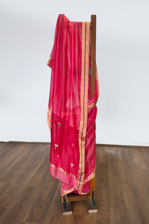 Red Cotton Silk Sari with organza pallu