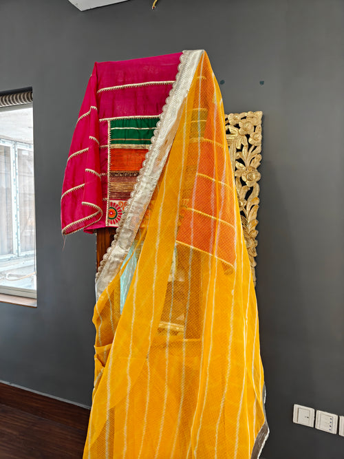 Yellow Kota leheria cotton saree and semistitched Koti blouse