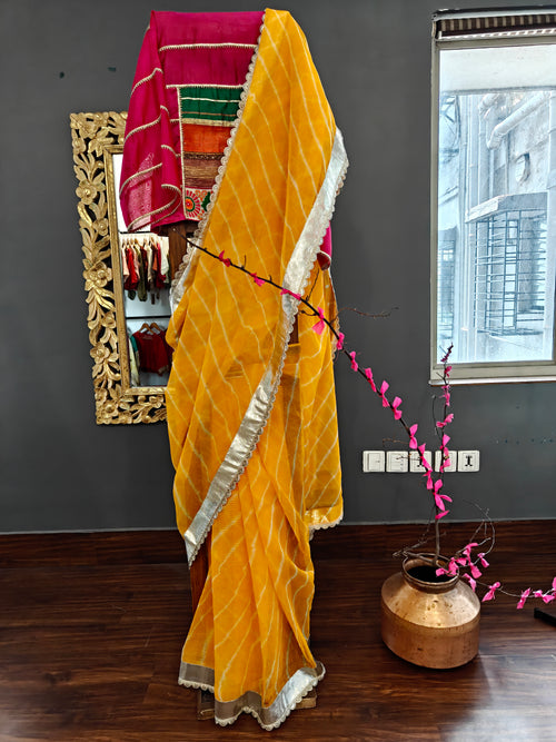 Yellow Kota leheria cotton saree and semistitched Koti blouse