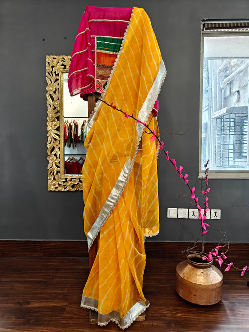 Yellow Kota leheria cotton saree and semistitched Koti blouse