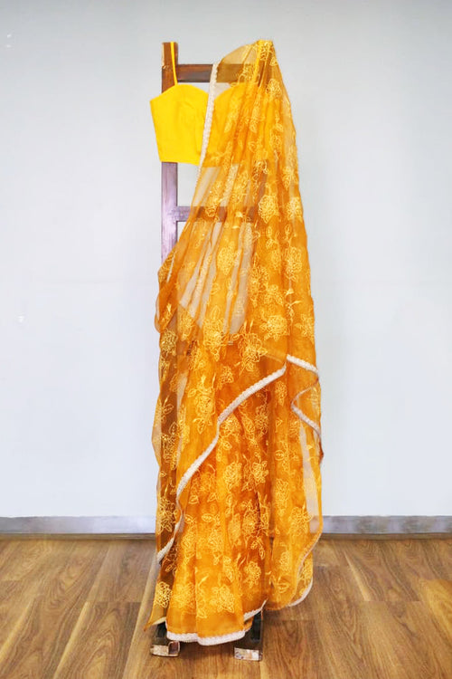 Yellow Organza Flowy Sari