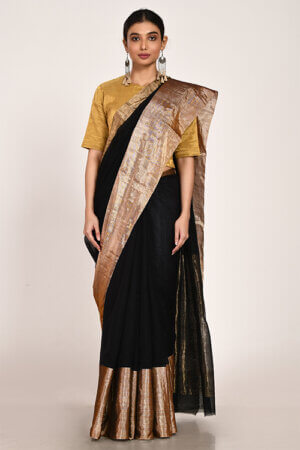 Black cotton silk sari with golden vishaka design