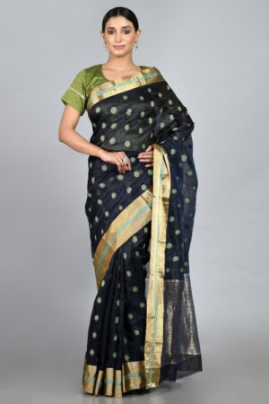 Blue silk sari green Gehna design all over the sari