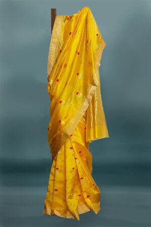 Yellow chanderi silk with red flower buta all over the sari